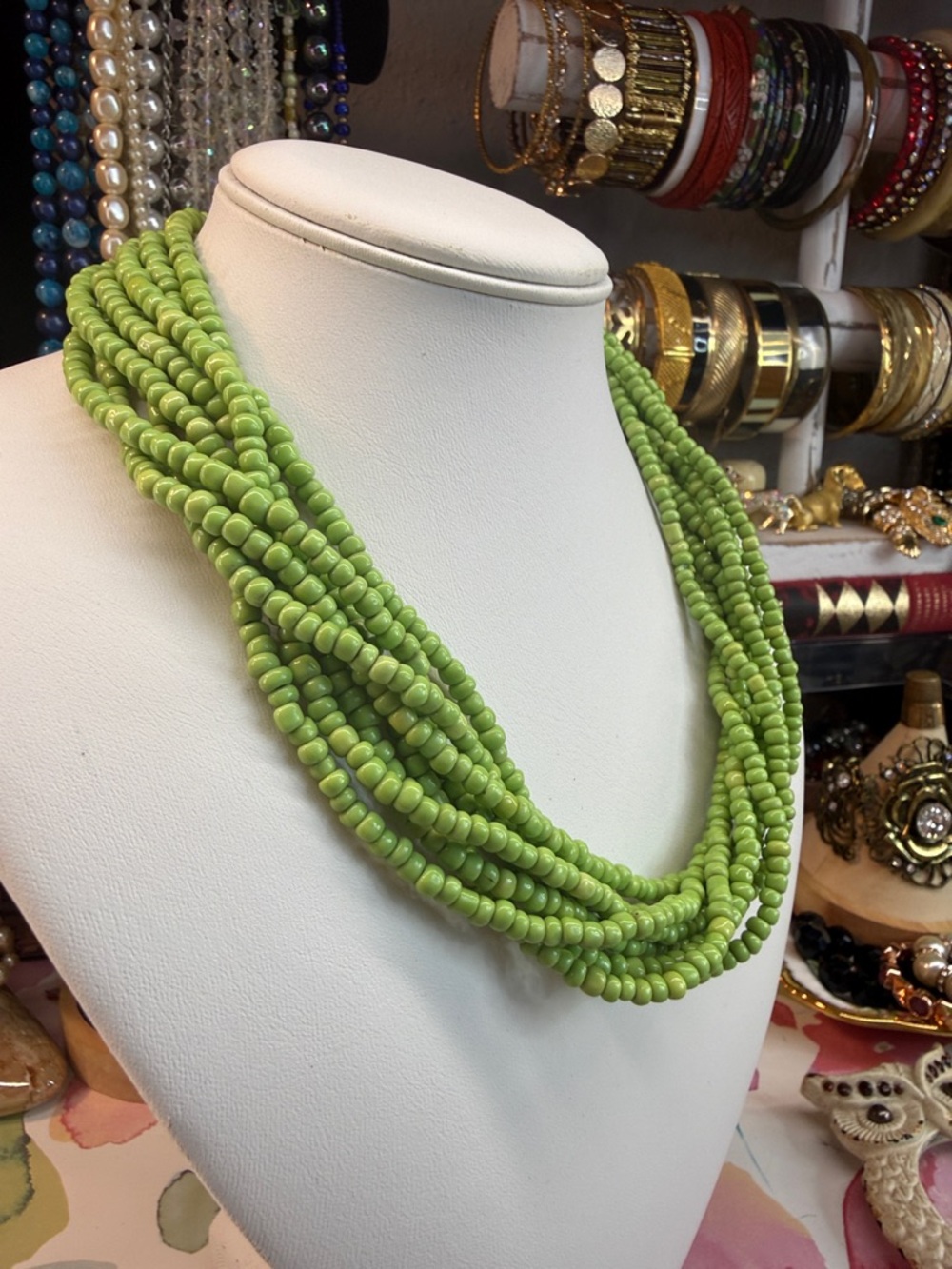 Artisan Glass Lime Green Multi-Strand Beaded Sees bead 16” Necklace - Picture 2 of 4